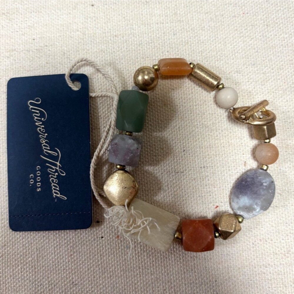 NWT Boho Multicolor Semi Precious Stone & Bead Stretch Bracelet Universal Thread